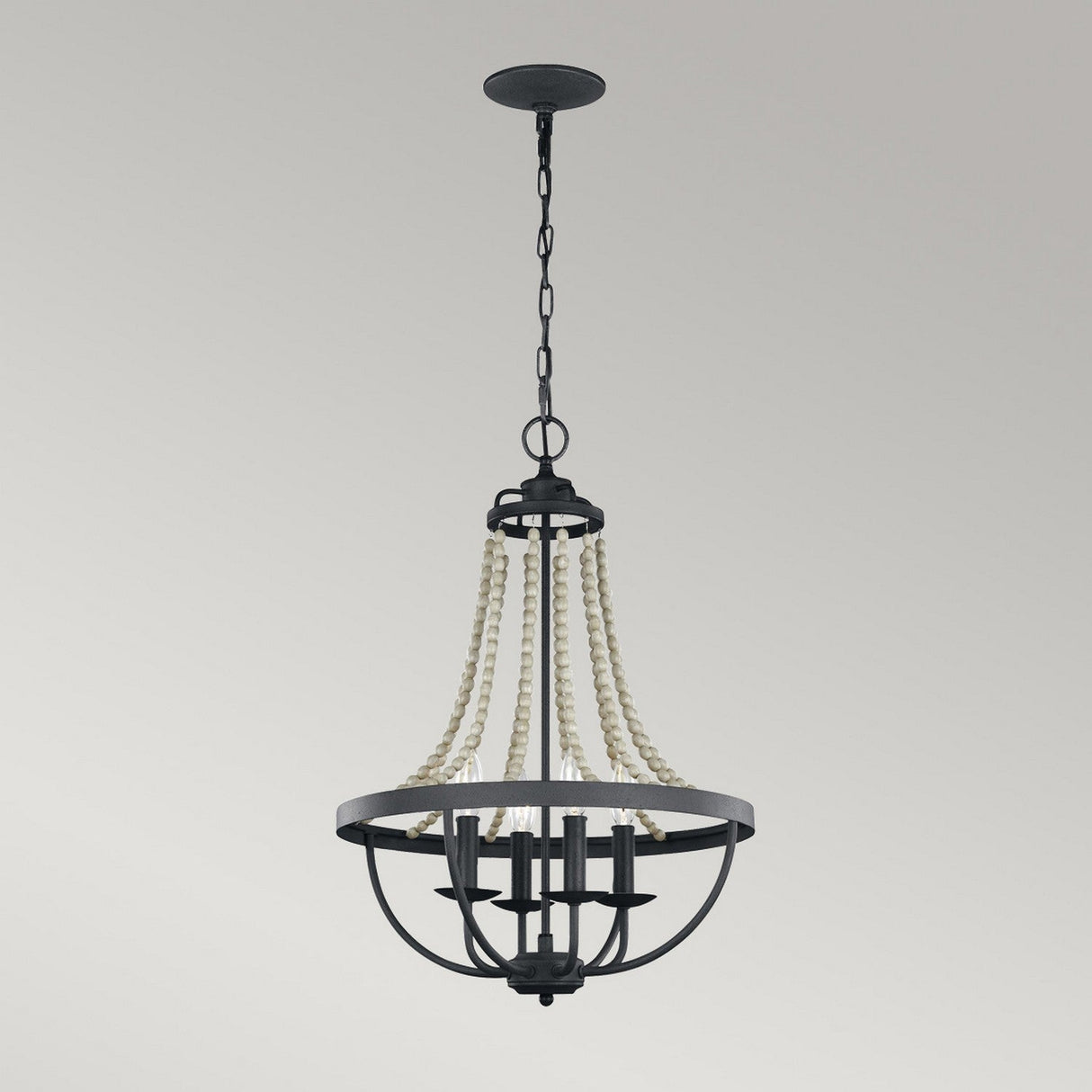 The Nori 4 Light Chandelier - Dark Weathered Zinc With Driftwood Grey, skillfully crafted with a round frame and black iron, showcases cascading beads and four candle-style lights. It suspends gracefully from a chain against a simple backdrop, finished in an eye-catching Dark Weathered Zinc.