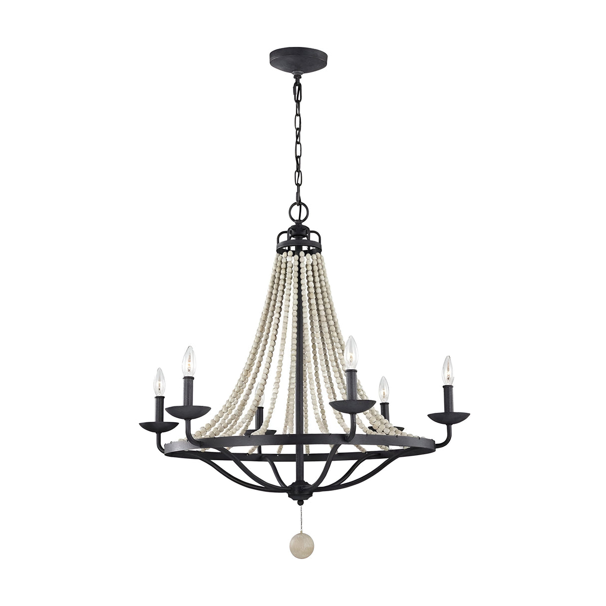 The Nori 6 Light Chandelier in dark weathered zinc and driftwood grey features six candle-style lights with black metal accents. Each arm holds a bulb, and it hangs from a chain with a circular ceiling mount. A decorative sphere elegantly dangles from the center.
