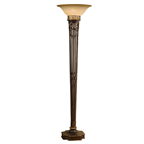 The Opera 1 Light Torchiere in Firenze Gold features a tall, ornate frame with an intricate bronze base and stem, crowned by an upward-facing cream-colored glass shade. This lamp exudes classic elegance, capturing the essence of traditional design with its timeless allure.
