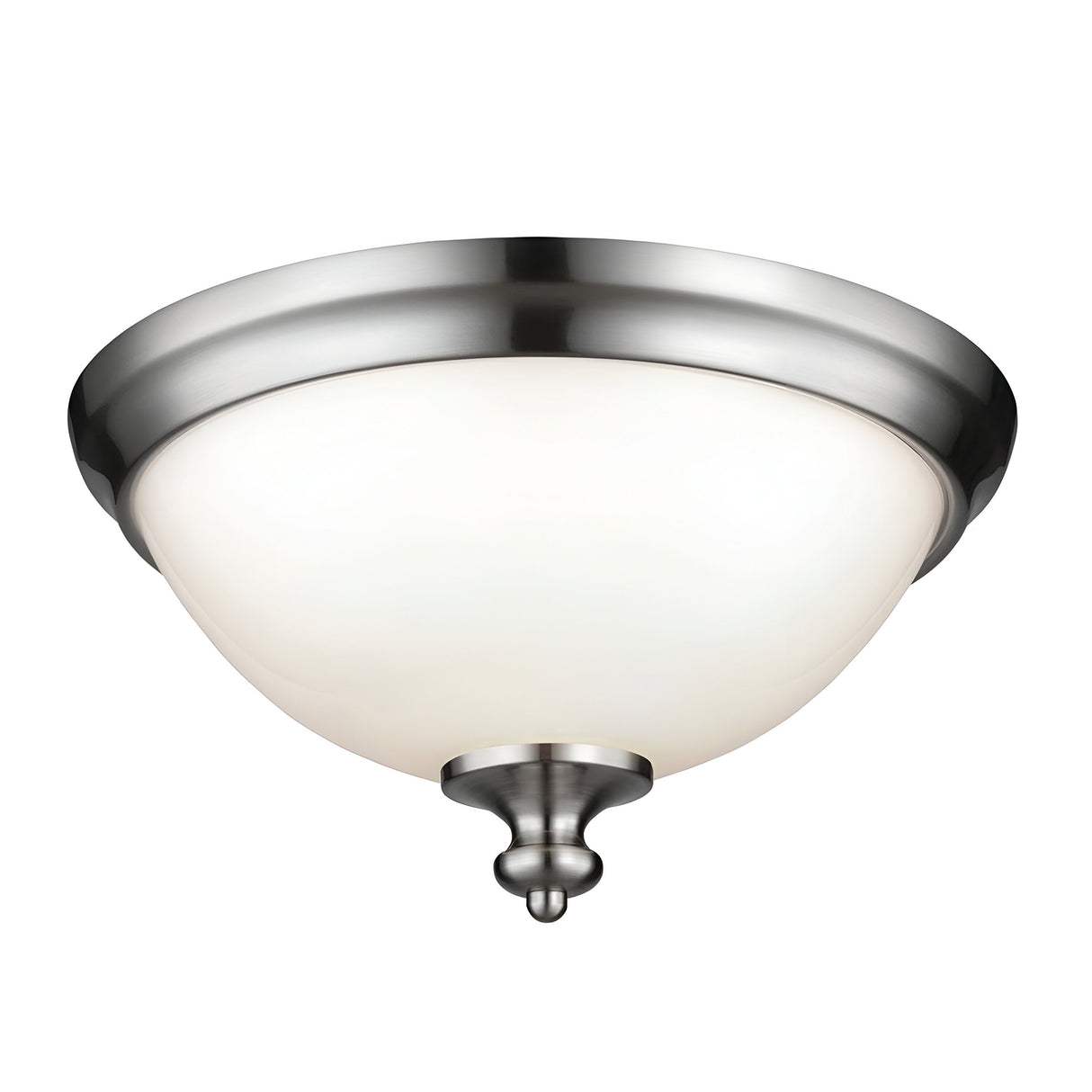 The Parkman 2 Light Flush - Brushed Steel features a frosted glass dome shade and a small decorative finial at the bottom, making it perfect for modern interiors.
