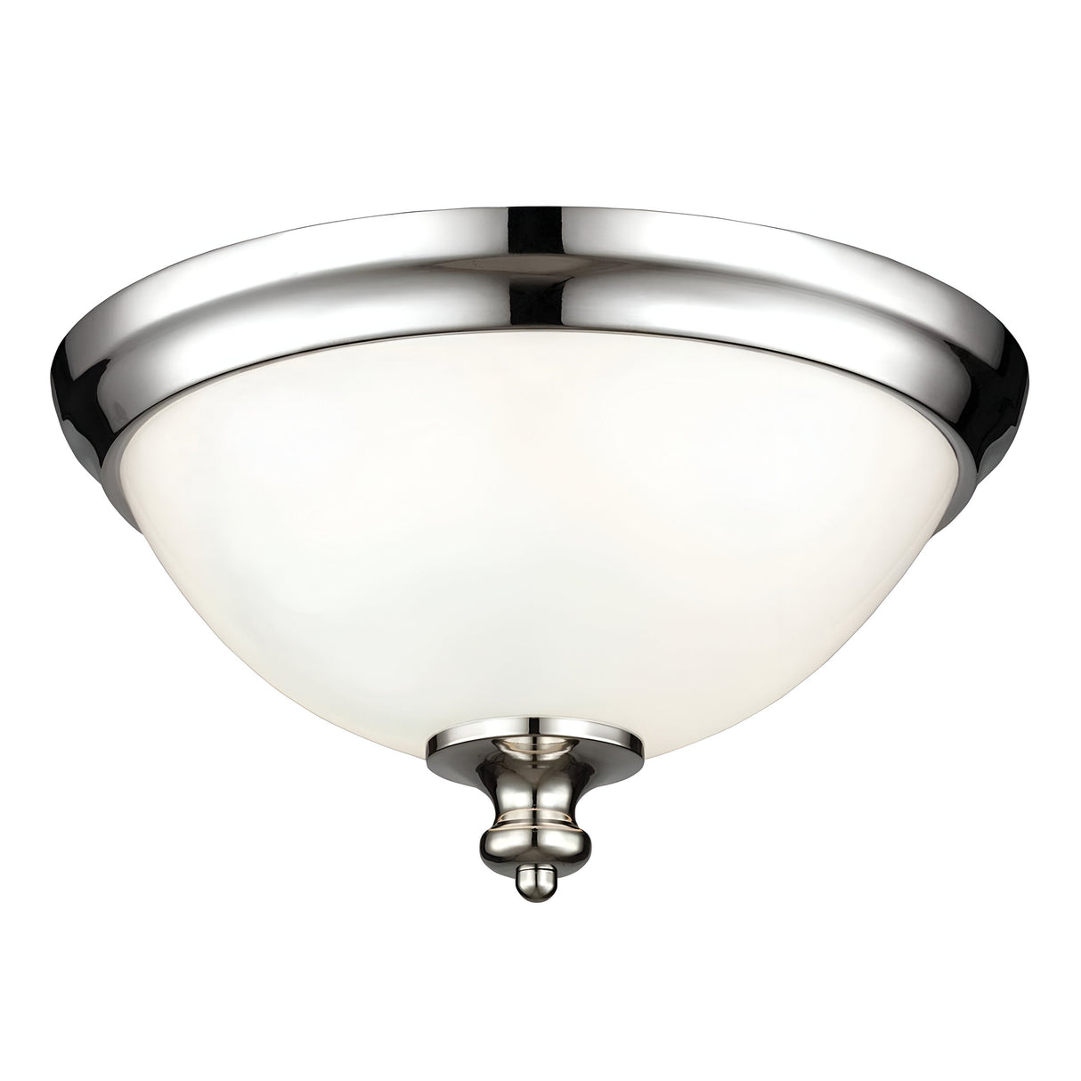 The Parkman 2 Light Flush - Polished Nickel showcases a polished nickel finish, complemented by a frosted glass dome and a decorative finial at its base. Its minimalist design delivers a sleek and modern look.