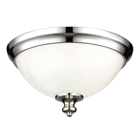 The Parkman 2 Light Flush - Polished Nickel showcases a polished nickel finish, complemented by a frosted glass dome and a decorative finial at its base. Its minimalist design delivers a sleek and modern look.