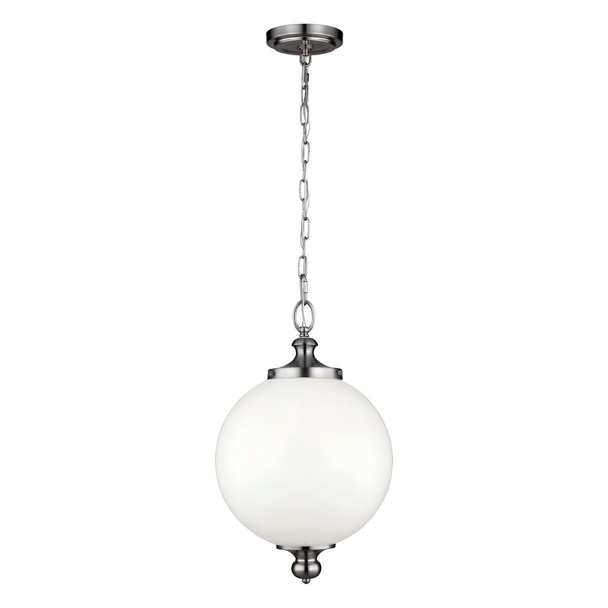 The Parkman 1 Light Large Pendant in polished nickel, featuring a frosted glass globe shade and elegantly suspended from a chain, perfectly complements various interior styles.