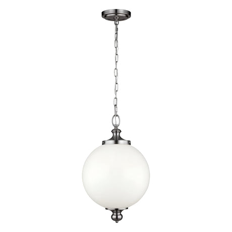 The Parkman 1 Light Large Pendant in polished nickel, featuring a frosted glass globe shade and elegantly suspended from a chain, perfectly complements various interior styles.
