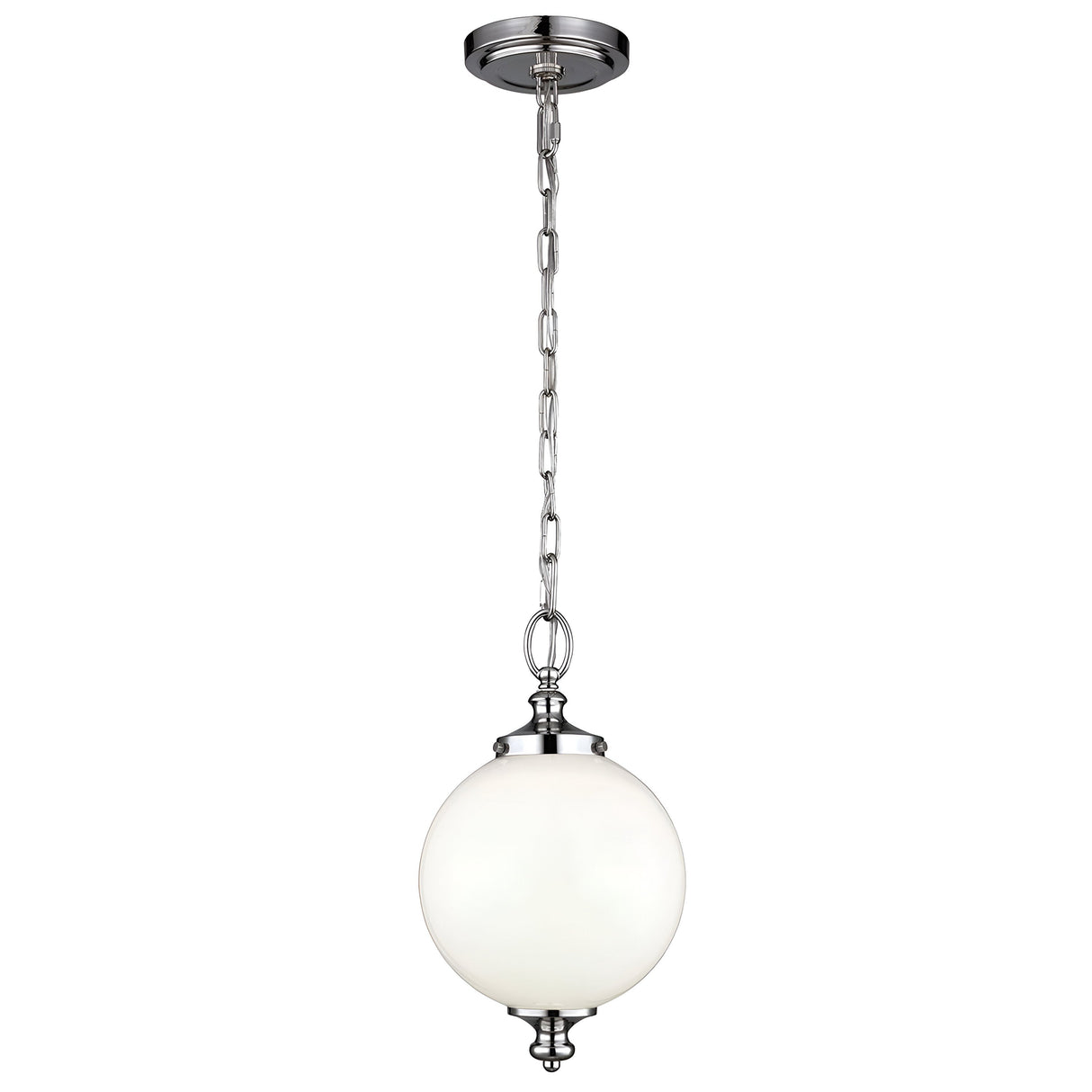 Introducing the Parkman 1 Light Small Pendant in Polished Nickel, featuring a sleek spherical white globe shade. This modern pendant light is suspended from a polished nickel chain and ceiling mount, making it an ideal choice for adding a contemporary touch to any interior space.