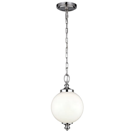 Introducing the Parkman 1 Light Small Pendant in Polished Nickel, featuring a sleek spherical white globe shade. This modern pendant light is suspended from a polished nickel chain and ceiling mount, making it an ideal choice for adding a contemporary touch to any interior space.