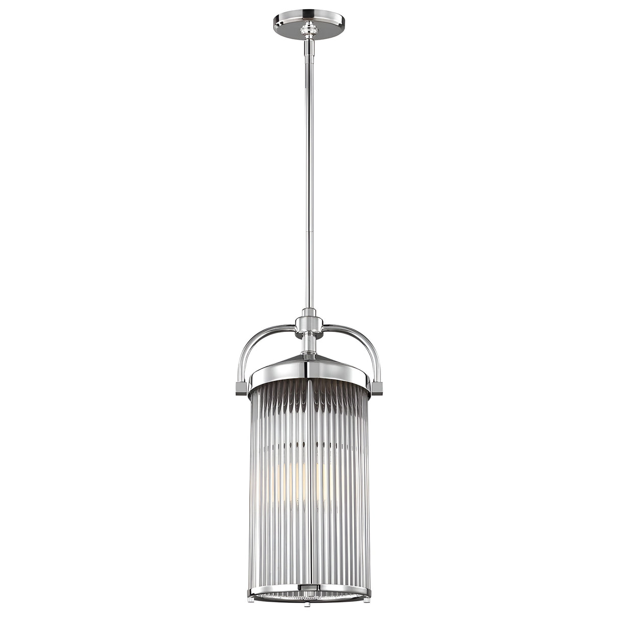 The Paulson 3 Light Pendant - Chrome is a modern pendant light featuring a cylindrical glass shade with vertical ribbed vintage glass detailing that encases an inner bulb. It elegantly hangs from a thin rod connected to a circular ceiling mount.