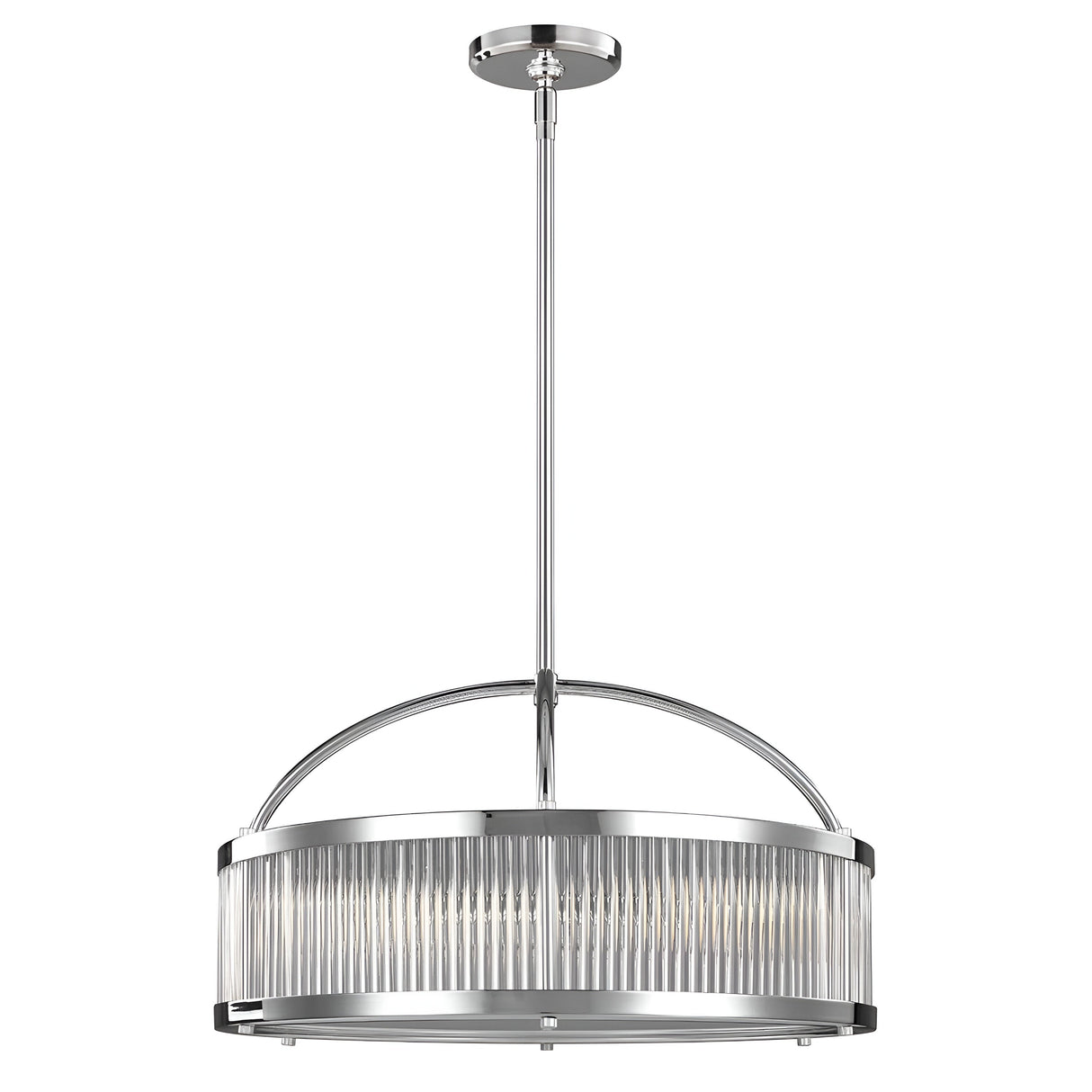 Presenting the Paulson 6 Light Pendant - Chrome, a modern masterpiece with an elegant chrome finish. Its sophisticated cylindrical, ribbed glass tube shades complement a sleek, minimalist design, featuring an adjustable stem and polished metal frame that flawlessly combines style with functionality.