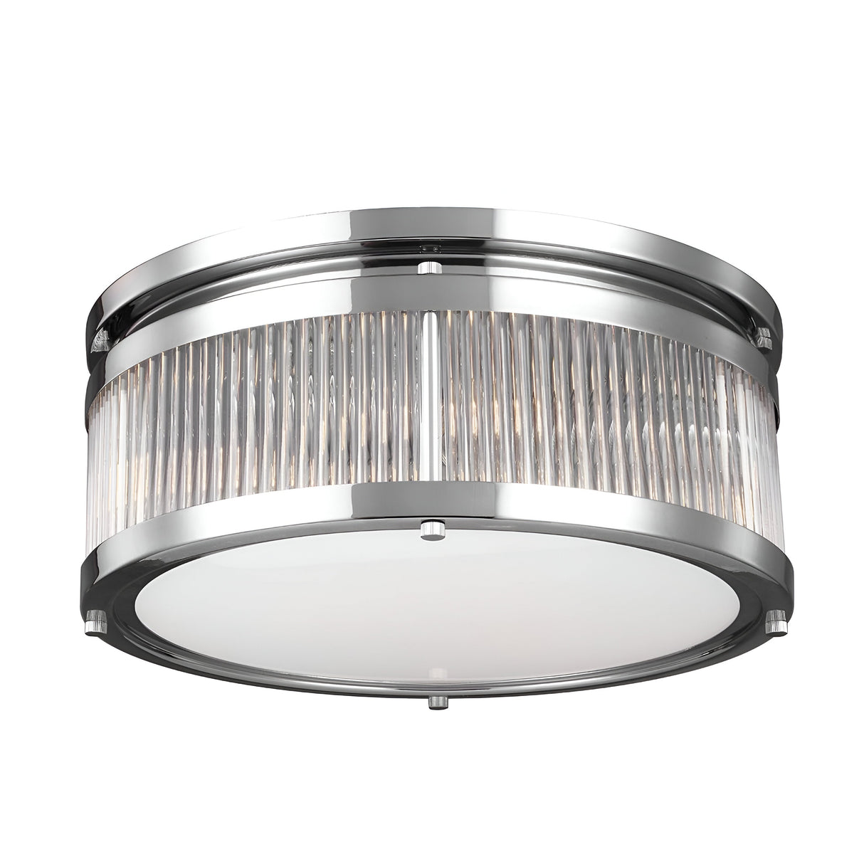 The Paulson 3 Light Flush - Chrome features a polished chrome frame with vertical ridges, accented by clear glass rods and a frosted white glass diffuser. Its sleek, contemporary design seamlessly integrates into various interior settings.