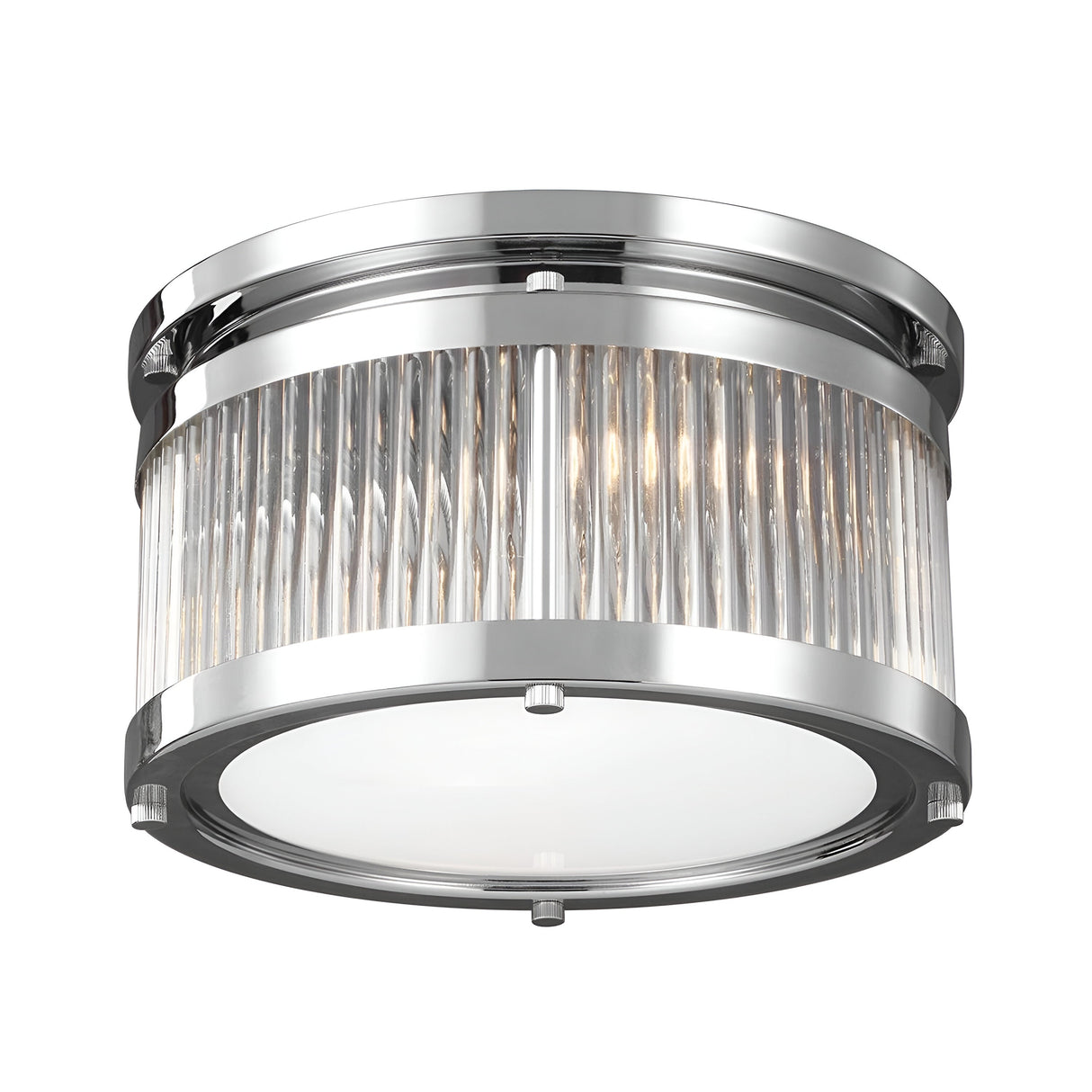 Introducing the Paulson 2 Light Flush - Chrome, a sleek and contemporary ceiling light fixture boasting a cylindrical design. It features an elegant chrome finish, with its sides adorned by vertical glass rods, and is completed by a frosted glass base that evenly diffuses light.