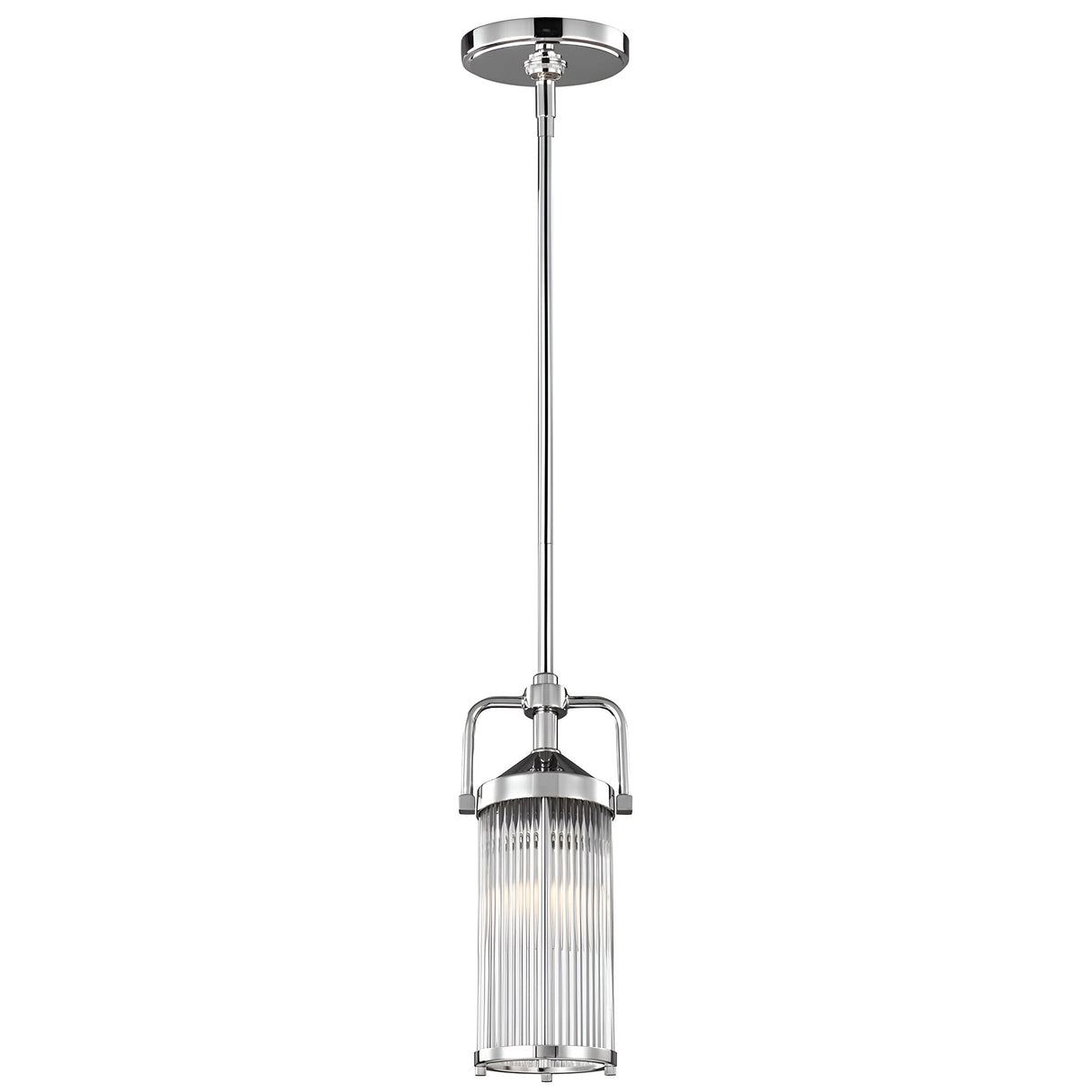 The Paulson 1 Light Mini Pendant in Chrome features a sleek design with a cylindrical glass tube shade that hangs elegantly from the ceiling.