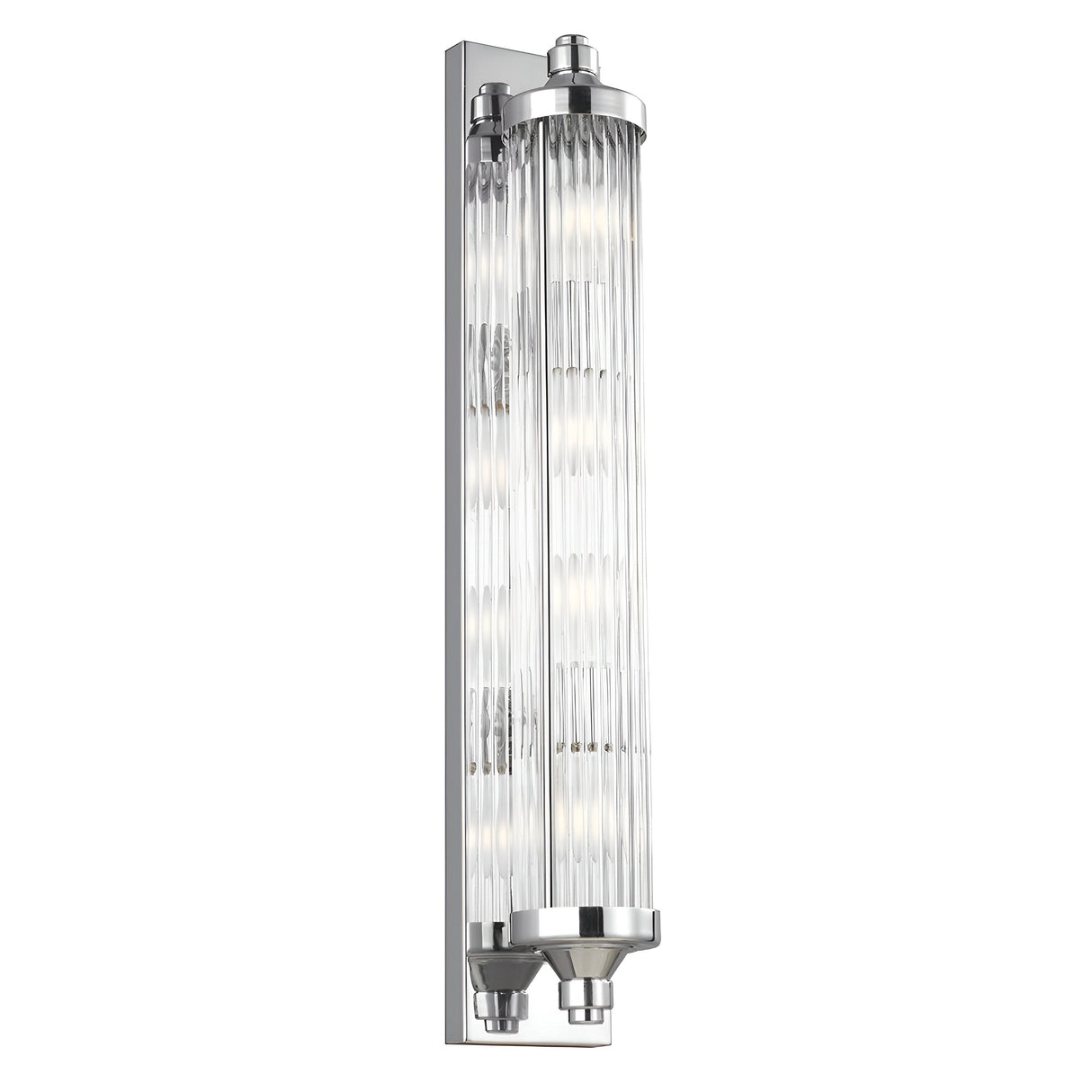 The Paulson 4 Light Bar Light - Chrome is a sleek and modern wall fixture that features a vertical design with cylindrical glass shades and ribbed texture, exuding an industrial look while emitting soft light through its clear glass tube shades.