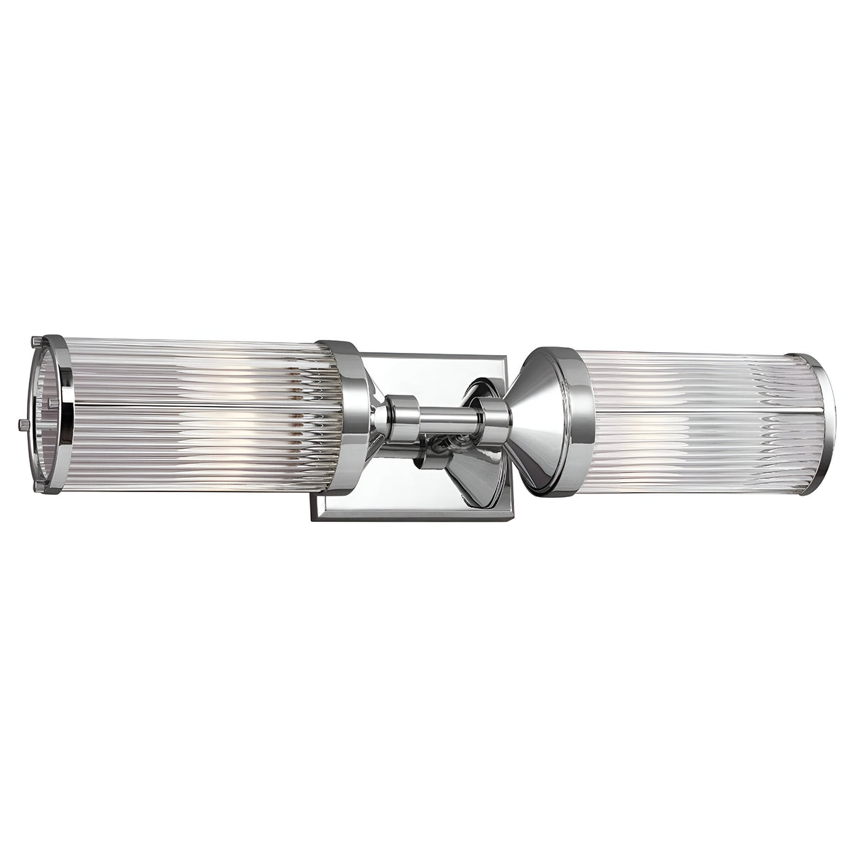 Introducing the Paulson 2 Light Bar Light - Chrome, a modern wall-mounted fixture featuring two glass tube shades. Each shade houses a light bulb and is adorned with distinctive horizontal ridges, elegantly attached to a central chrome bar. This design captures a contemporary and sleek aesthetic while subtly nodding to vintage lighting elements.