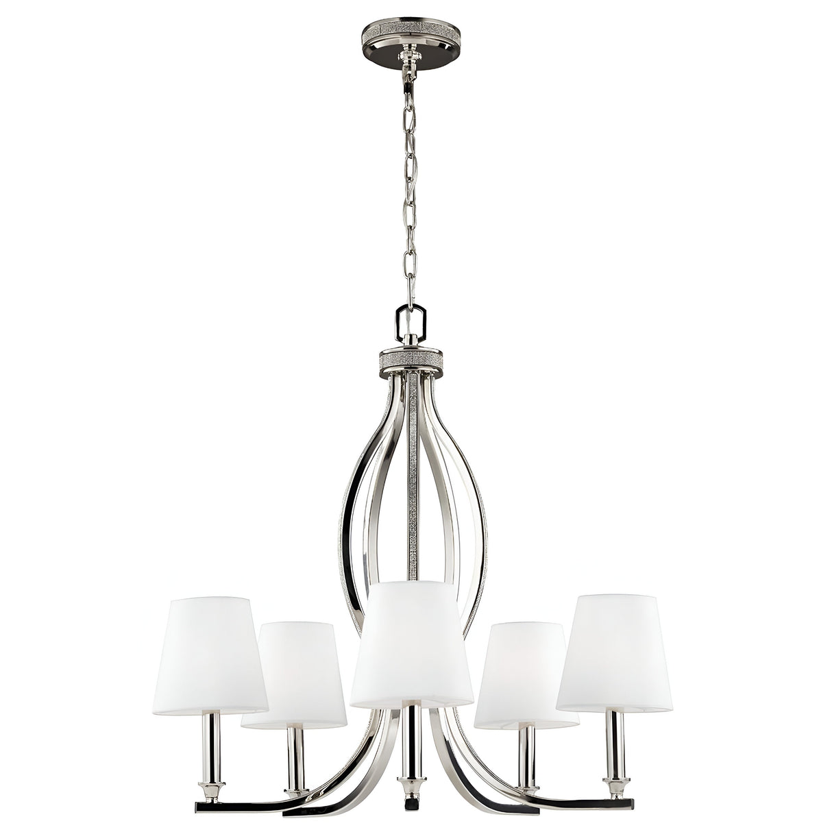 Introducing the Pave 5 Light Chandelier in polished nickel, which boasts a contemporary design with five white lampshades elegantly positioned in a circular arrangement. Its sleek, curved metal arms and an exquisite crystal inlay are suspended gracefully from the ceiling by a chain.