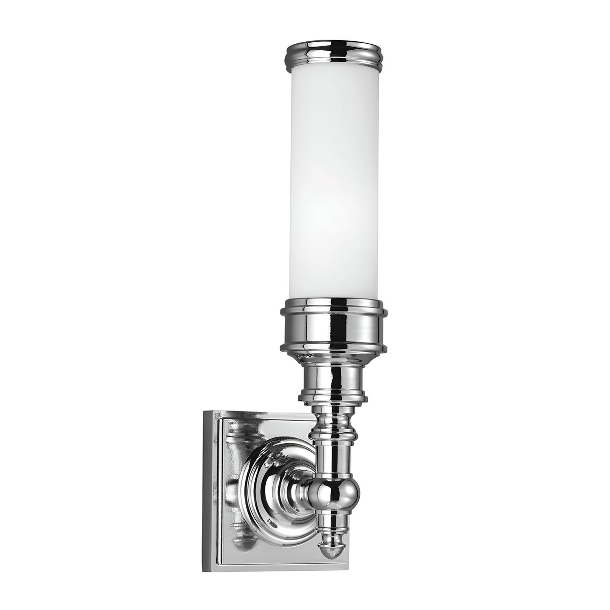 The Payne-2 1 Light Wall Light in polished chrome features a cylindrical opal etched glass shade and an ornate base connected to a square backplate, subtly evoking Tudor style.
