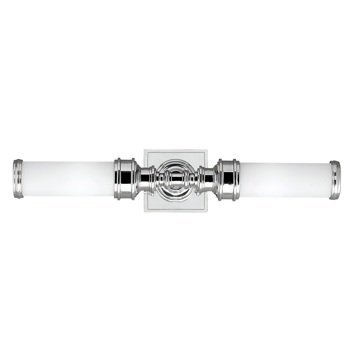 The Payne-1 2 Light Wall Light - Polished Chrome has an IP44 rating and includes a square base with two white cylindrical light fixtures that extend horizontally on each side.