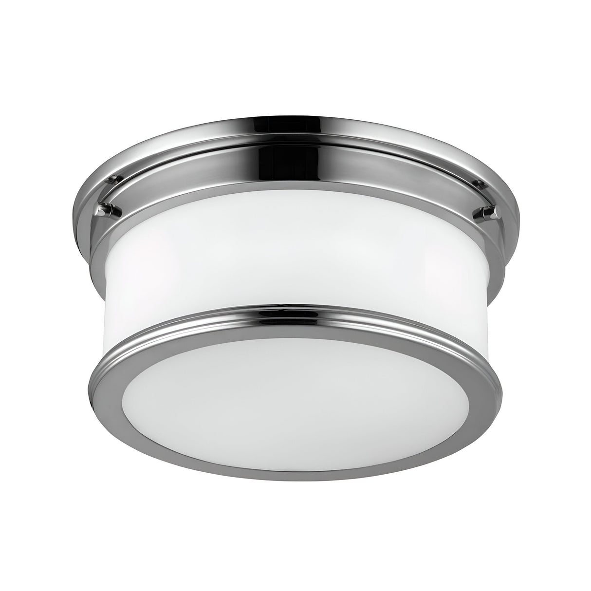The Payne 2 Light Flush - Polished Chrome is a contemporary flush mount ceiling light fixture featuring an IP44-rated chrome frame with a round, sleek design. Its white frosted glass diffuser is perfect for delivering soft, even lighting in various indoor settings.
