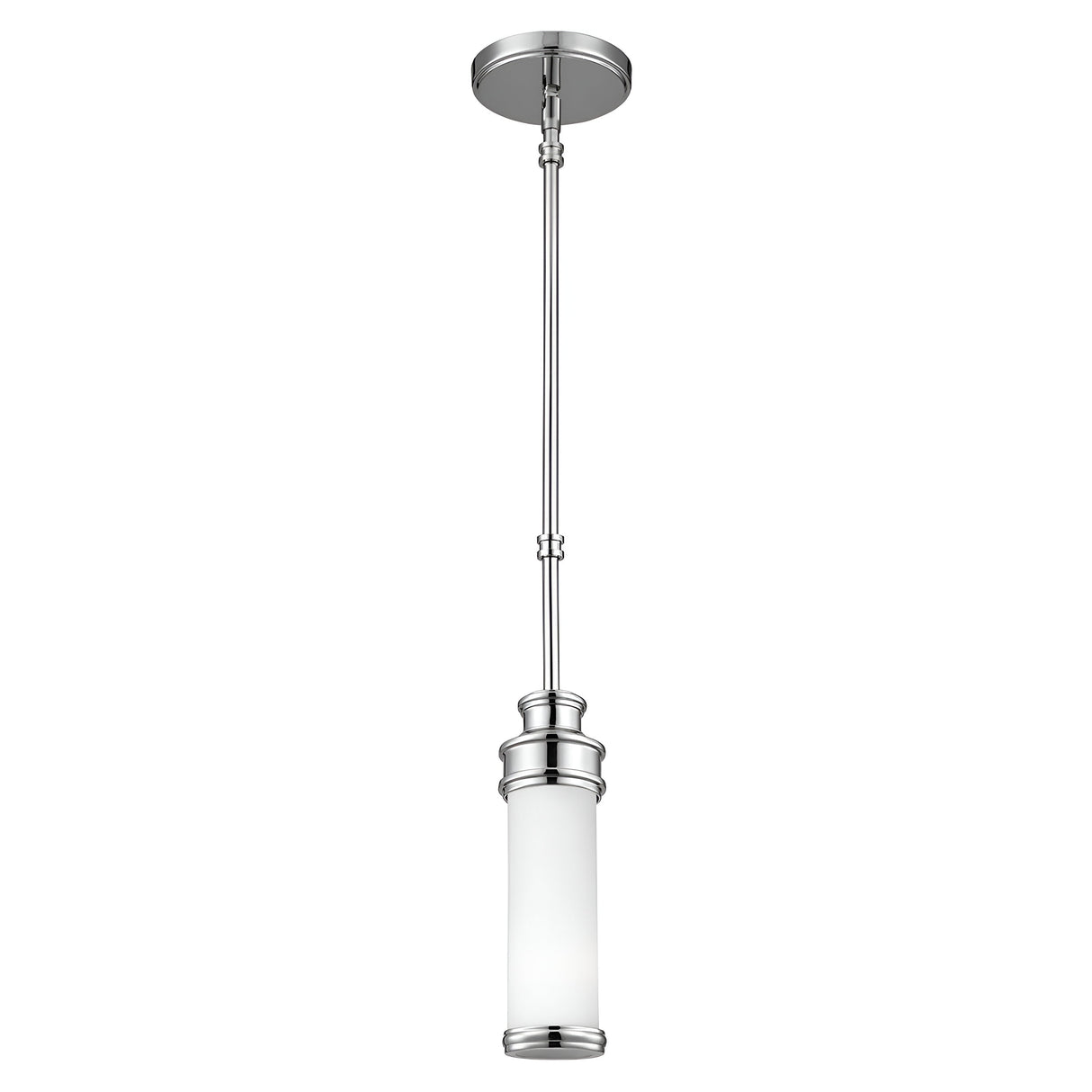 Introducing the Payne 1 Light Mini Pendant in Polished Chrome, featuring a sleek polished chrome finish and a cylindrical opal etched glass shade. This modern light fixture is elegantly suspended from a polished metal rod connected to a round ceiling mount, enhancing the sophistication of any space.