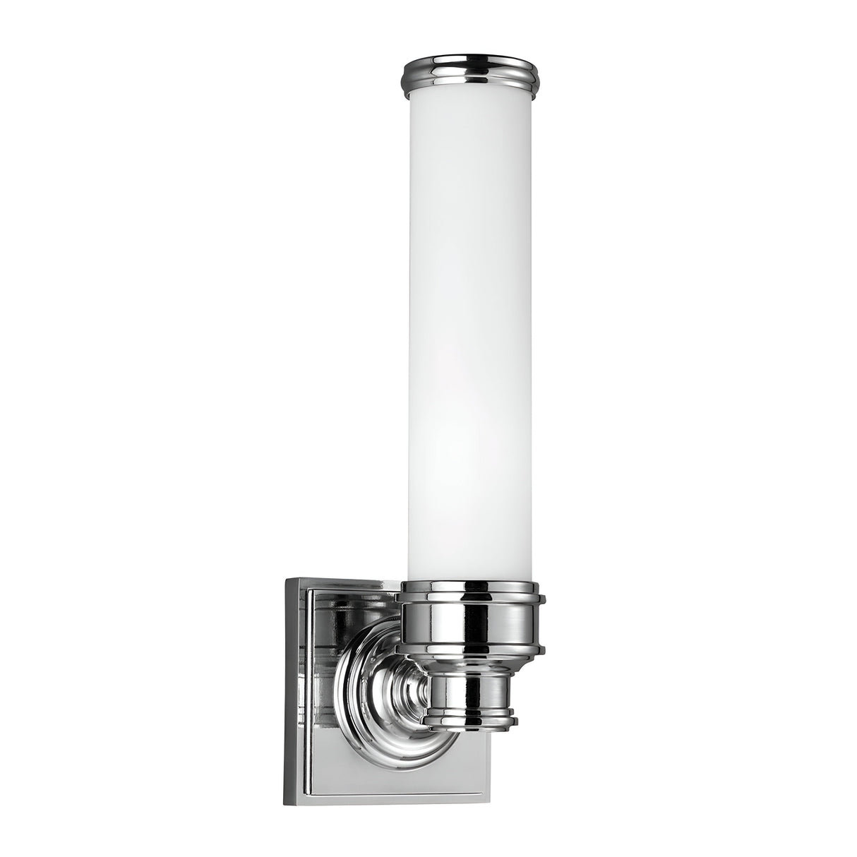 The Payne-1 1 Light Wall Light features a minimalist design with clean lines and a sleek industrial look. It includes a cylindrical white opal etched glass shade in a polished chrome finish, mounted on a square base, and is IP44 rated for modern styling.