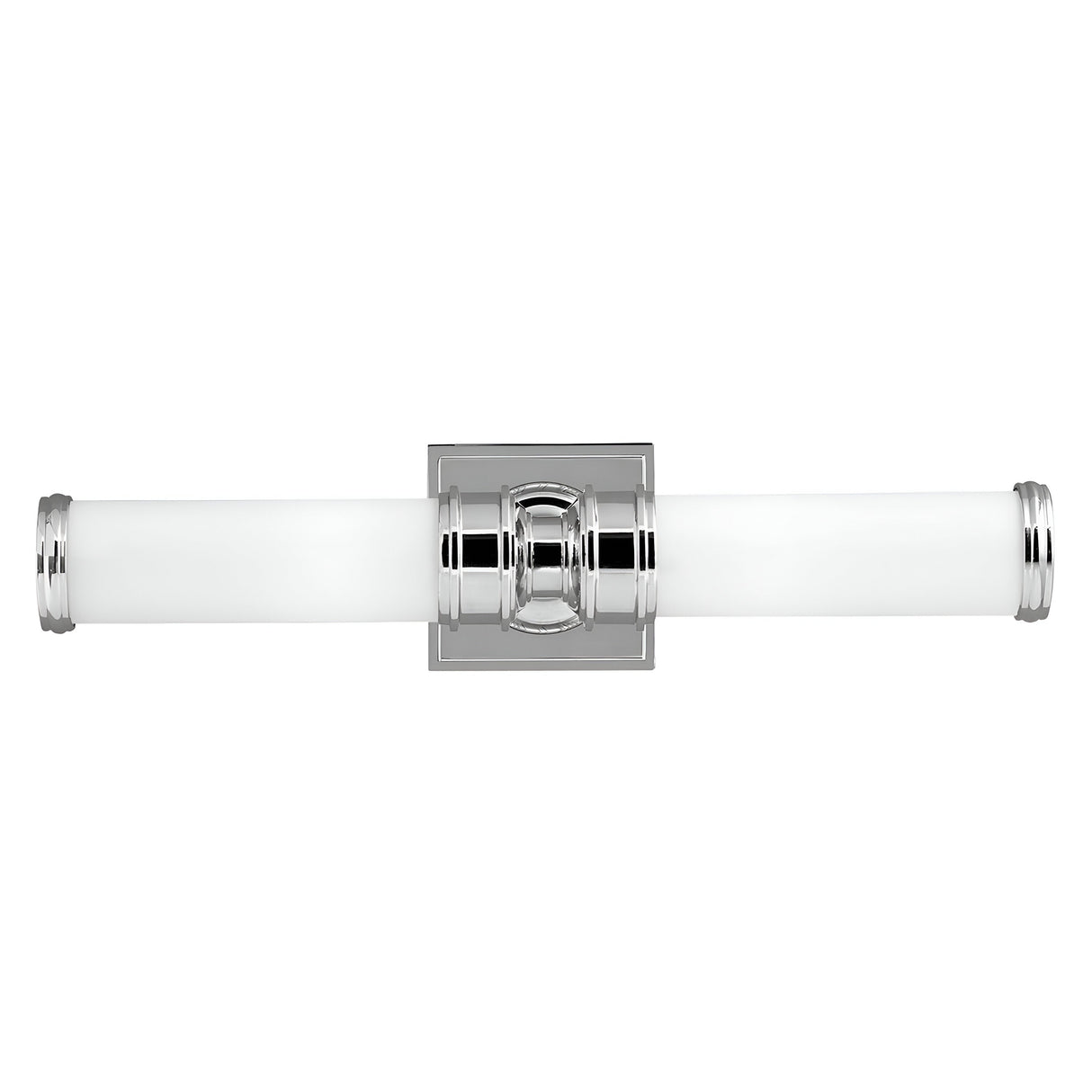 The Payne-2 2 Light Wall Light - Polished Chrome is a stylish wall sconce with two lights, showcasing a polished chrome finish and cylindrical frosted glass shades, all mounted on a square base. Its modern, minimalistic design beautifully enhances contemporary interiors.