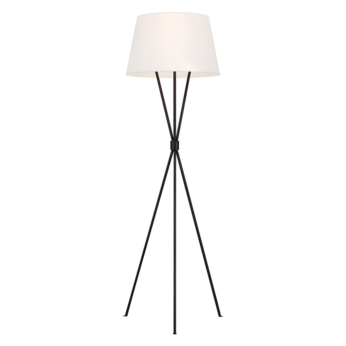 The Penny 1 Light Floor Lamp - Iron/White showcases a minimalist design with a pristine white linen shade set against a contrasting black tripod base. This sleek iron lamp stands elegantly, its three slender legs converging at the top beneath the elegant shade, embodying both simplicity and sophistication.