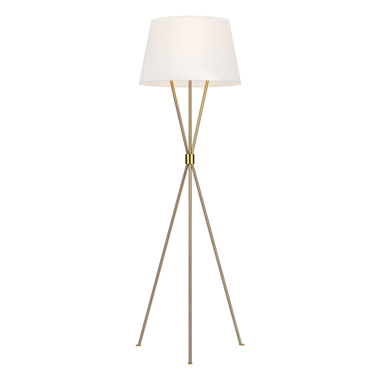 The Penny 1 Light Floor Lamp - Burnished Brass showcases mid-century elegance with its white lampshade and sleek, modern design. It features a burnished brass tripod base where three slender legs gracefully converge at the center to support the lampshade.