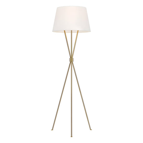 The Penny 1 Light Floor Lamp - Burnished Brass showcases mid-century elegance with its white lampshade and sleek, modern design. It features a burnished brass tripod base where three slender legs gracefully converge at the center to support the lampshade.