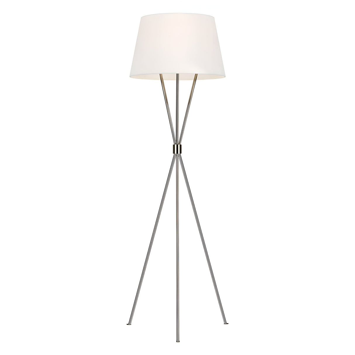 Introducing the Penny 1 Light Floor Lamp, featuring a sleek, polished nickel finish and a three-legged metal base. This modern floor lamp is complemented by a white lampshade, offering a minimalistic and contemporary design that seamlessly fits various interior styles.