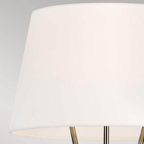 Close-up of the Penny 1 Light Floor Lamp, showcasing its simple white fabric shade and polished nickel base against a neutral background. The lamp is partially visible, with a focus on the upper portion.