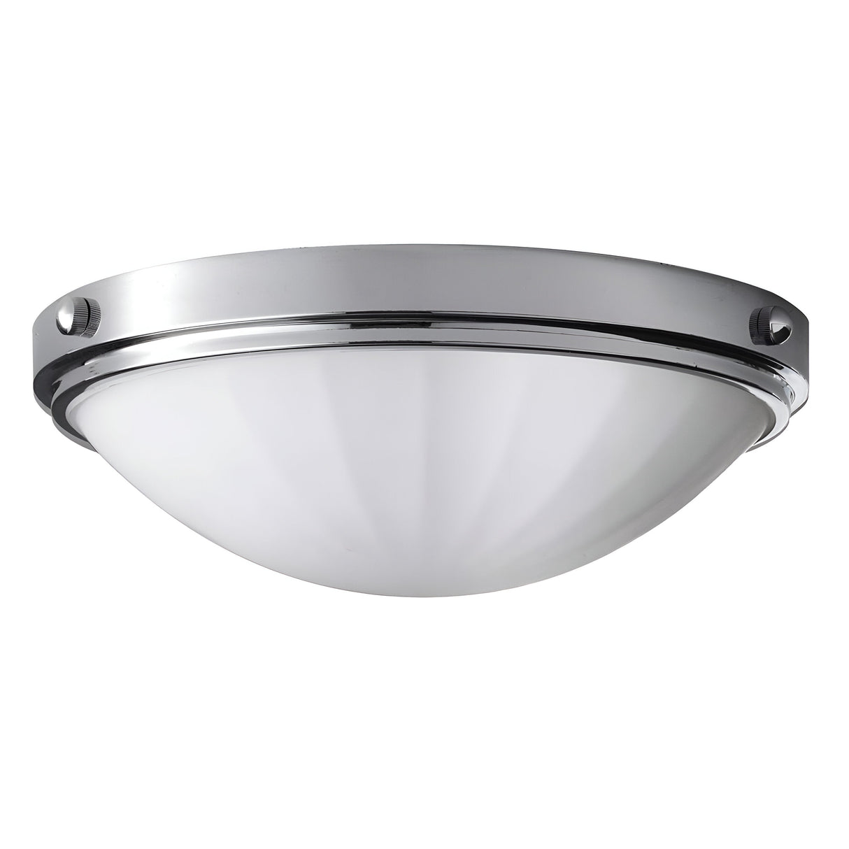 The Perry 2 Light Flush - Polished Chrome is a contemporary bathroom ceiling light fixture with a dome-shaped opal-etched glass shade and a sleek metallic rim in polished chrome, elegantly accented by four decorative screws around the silver-toned edge.