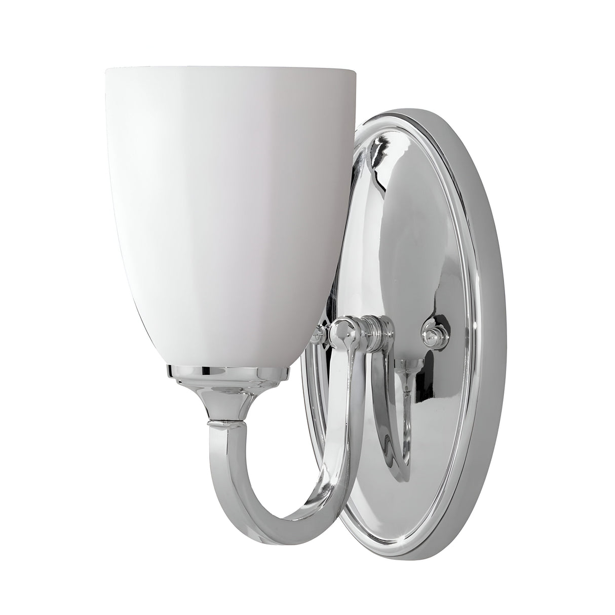 The Perry 1 Light Wall Light - Polished Chrome features an upward-facing frosted opal glass shade and a polished chrome base, offering a modern and sleek design ideal for indoor wall-mounted bathroom lighting.