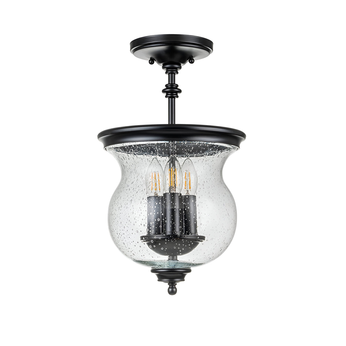 The Pickering Lane 3 Light Semi Flush - Black features a clear, seeded glass shade with three candle-style bulbs that cast a warm glow. Its design elegantly combines traditional and modern styles, making it perfect for various interior spaces.