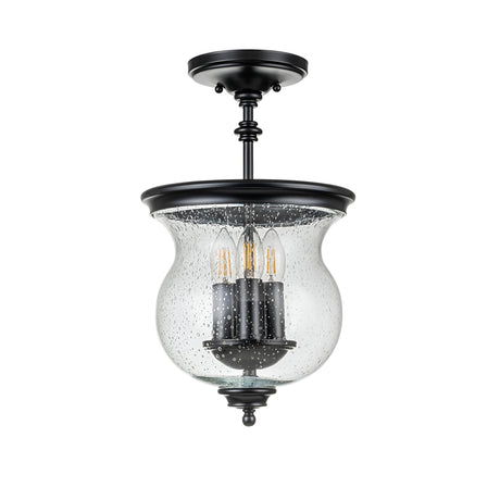 The Pickering Lane 3 Light Semi Flush - Black features a clear, seeded glass shade with three candle-style bulbs that cast a warm glow. Its design elegantly combines traditional and modern styles, making it perfect for various interior spaces.