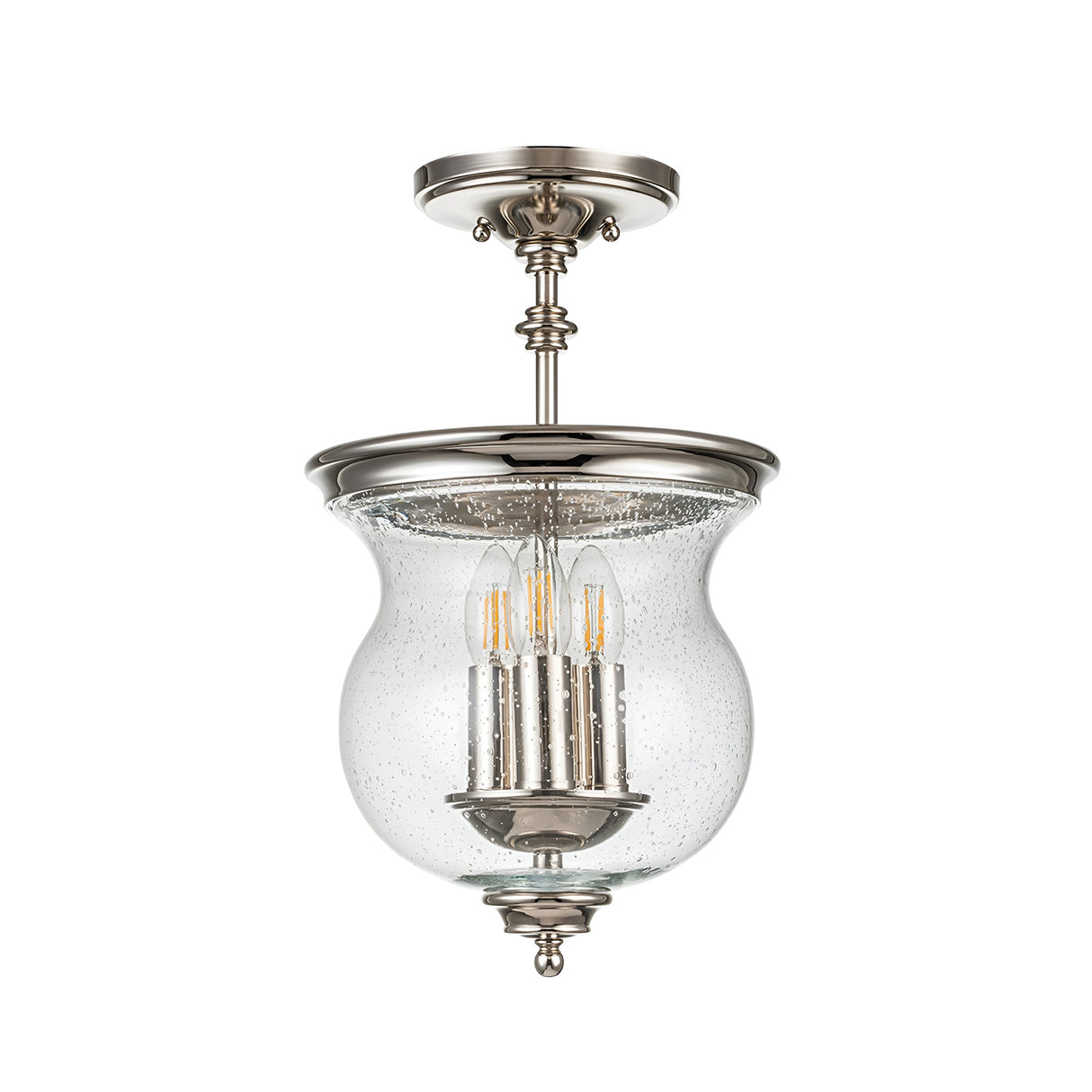 The Pickering Lane 3 Light Semi Flush in polished nickel showcases a clear glass dome shade with visible bulbs and decorative detailing in a traditional design. Hanging from a short rod, it delivers a vintage-inspired aesthetic that enhances any space with farmhouse lighting charm.