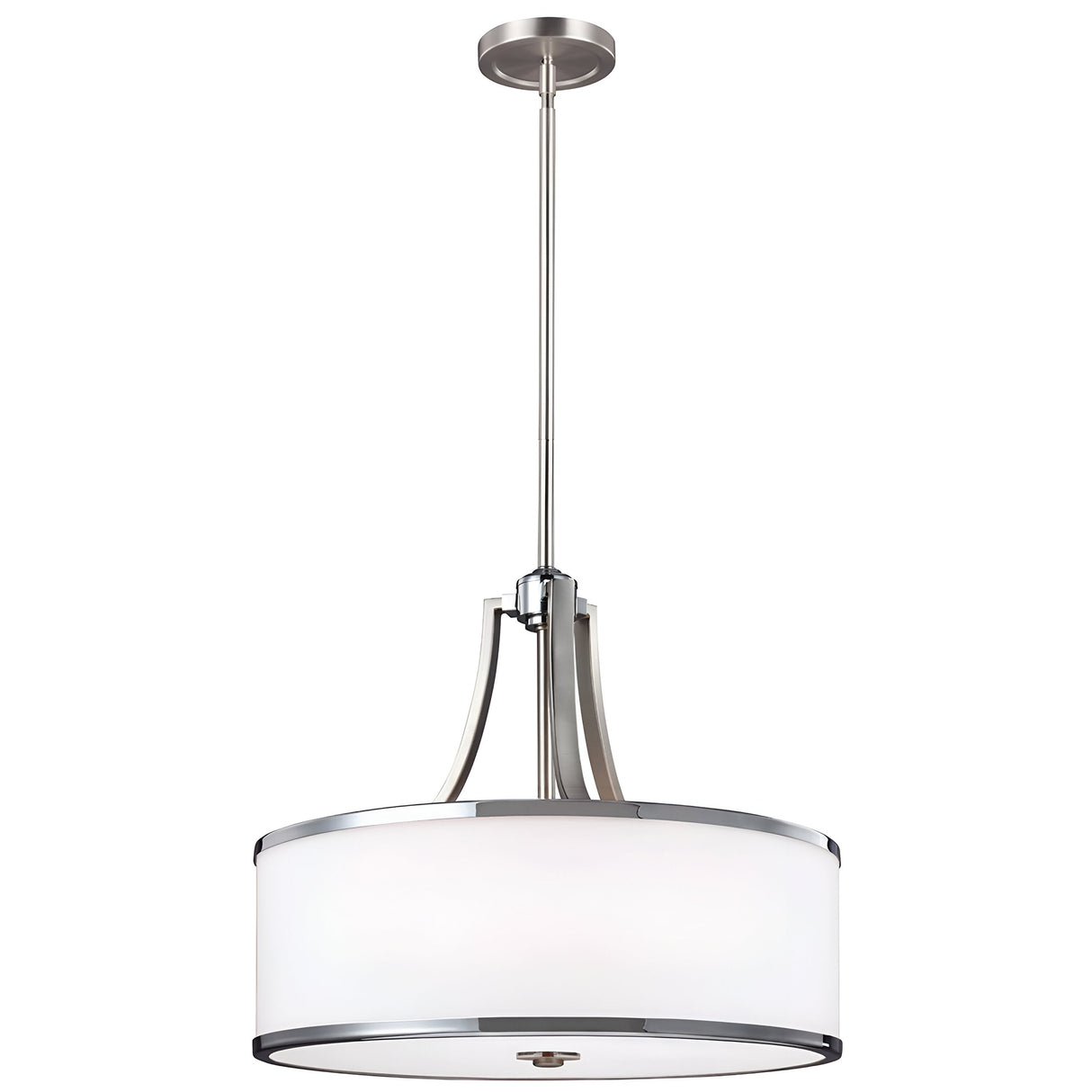 The Prospect Park 4 Light Chandelier in Satin Nickel and Chrome features a contemporary design with a white drum shade, chrome accents, and Opal Etched glass shades. It is suspended from a sleek rod connected to a round ceiling mount.