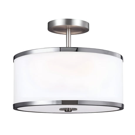 Introducing the Prospect Park 2 Light Semi Flush, a modern ceiling light fixture showcasing a circular design with opal etched glass shade and metallic accents. This sleek accessory is suspended from a short stem attached to a round ceiling mount, finished in satin nickel with chrome details, perfect for enhancing any contemporary space.