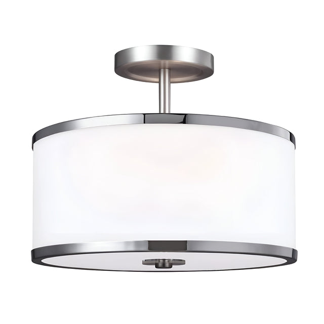 Introducing the Prospect Park 2 Light Semi Flush, a modern ceiling light fixture showcasing a circular design with opal etched glass shade and metallic accents. This sleek accessory is suspended from a short stem attached to a round ceiling mount, finished in satin nickel with chrome details, perfect for enhancing any contemporary space.