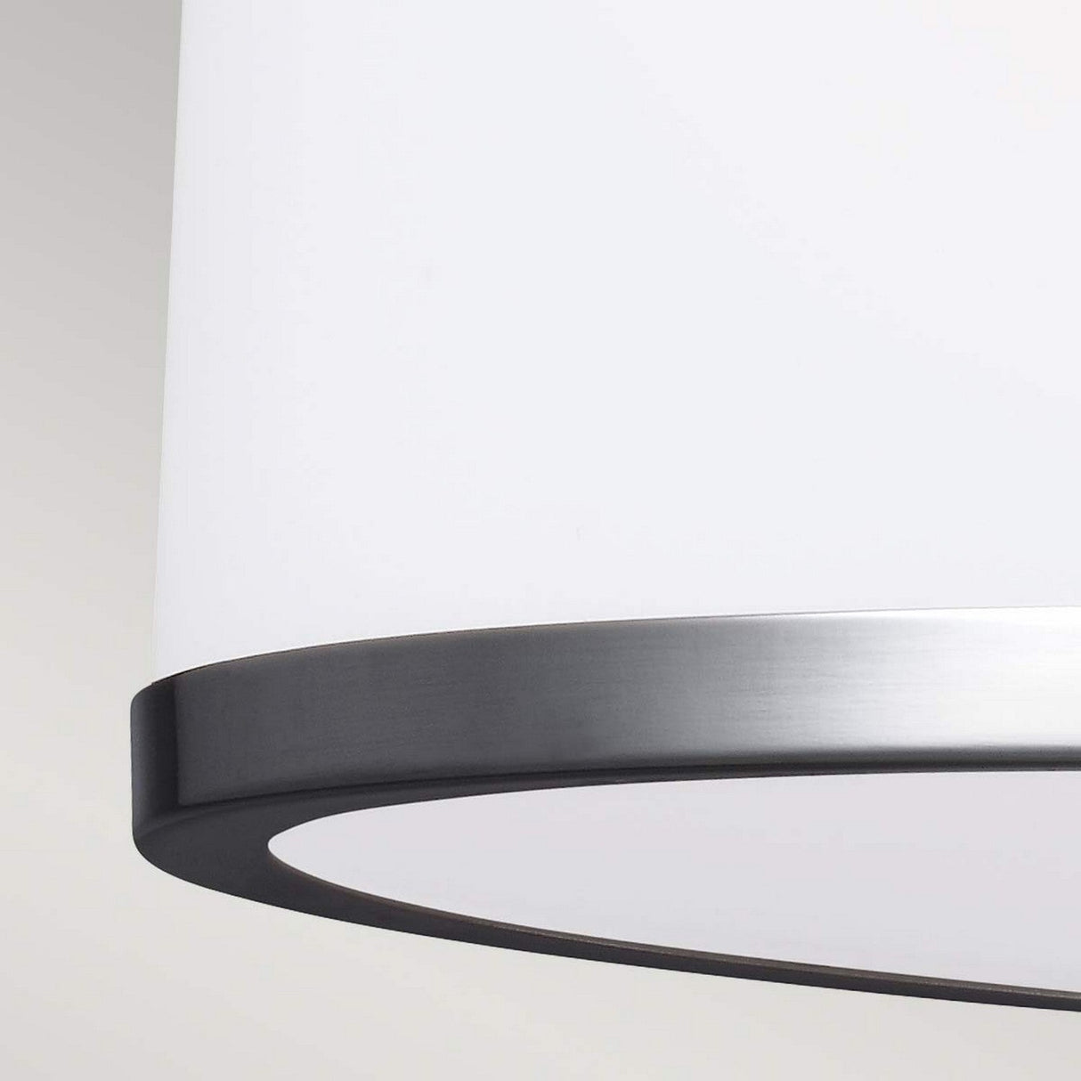 A close-up of the Prospect Park 2 Light Semi Flush fixture, showcasing its modern lighting aesthetic with an opal etched glass shade. It is accentuated by a sleek satin nickel and chrome rim against a plain, neutral background.