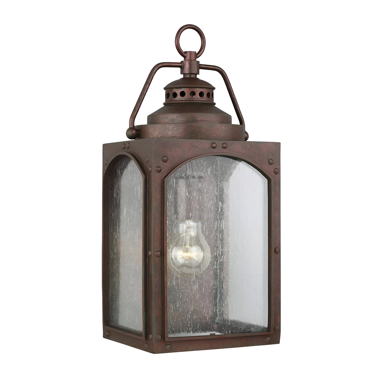 The Randhurst 1 Light Outdoor Medium Wall Lantern - Copper captures the essence of vintage charm with its copper oxide finish and clear glass panels that showcase a single light bulb. Its durable metal frame and top loop add to its timeless allure, making it perfect for any nostalgic setting.