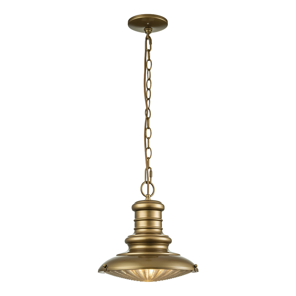 Introducing the Redding Station 1 Light Outdoor Medium Chain Lantern - Bronze, a vintage-style pendant light with a timeless brass finish. It beautifully echoes the classic charm of a Vintage Station Lamp, featuring a chain link suspension and wide, flared shade. This elegant piece is enhanced with a ribbed glass diffuser and intricate decorative metalwork accents.