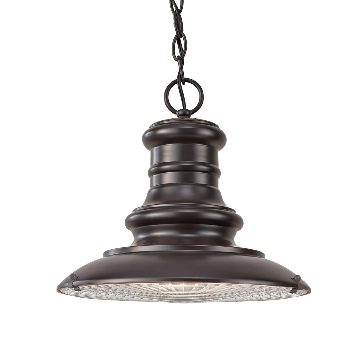A dark bronze pendant light, reminiscent of the Redding Station 1 Light Outdoor Medium Chain Lantern, with a large rounded metallic shade and chain for hanging. The bottom features a textured circular diffuser for light dispersion.