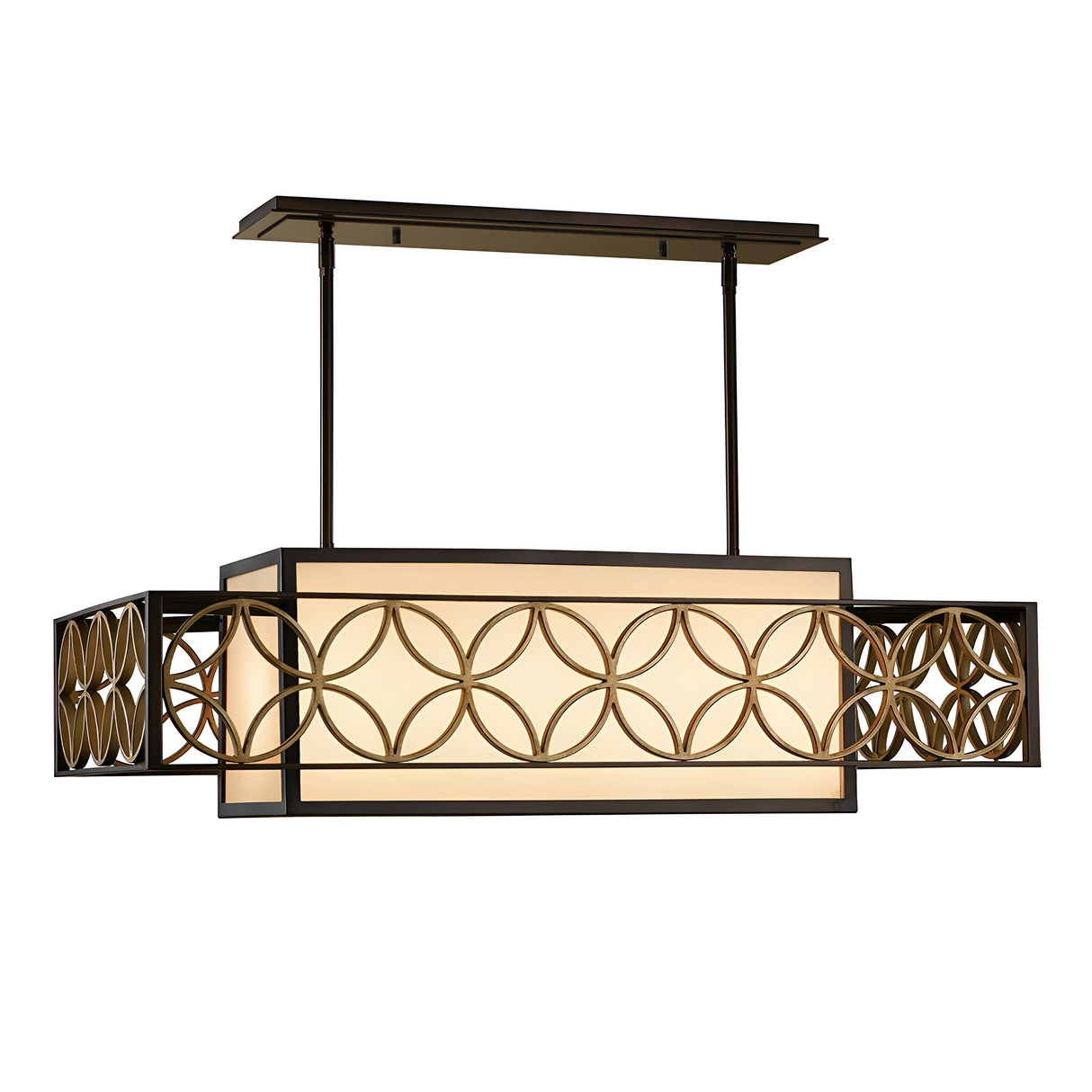 The Remy 4 Light Pendant Chandelier in Heritage Bronze/Parissiene Gold boasts a contemporary rectangular design with intersecting circular metal accents. It includes a diffused cream-colored shade, elegantly suspended by two rods from the ceiling fixture.