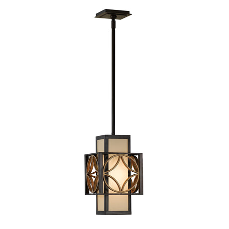 The Remy 1 Light Pendant Light, in Heritage Bronze and Parissiene Gold, showcases geometric designs with frosted glass panels. The circular patterns contribute to its contemporary aesthetic, while the elegant fixture is suspended from a straight rod, making it ideal for adding sophistication to any space.