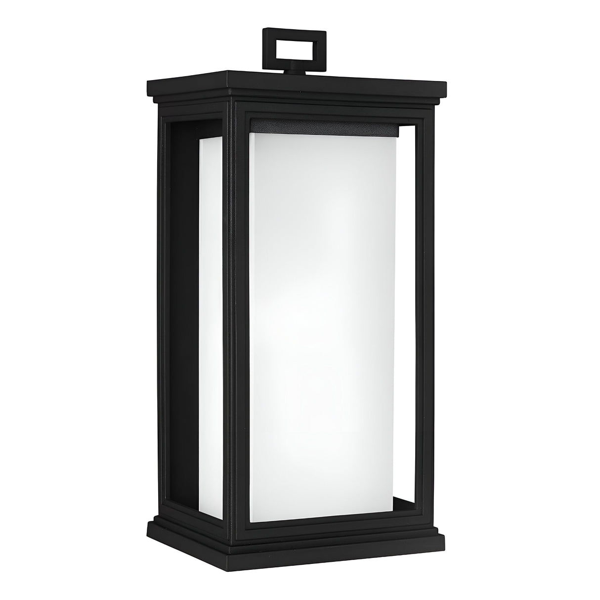 Explore the Roscoe 1 Light Outdoor Large Wall Lantern in matte black, boasting a sleek metal frame and frosted glass panels. Its minimalist design features clean lines and a small handle on top for easy handling. Built to withstand the elements, this weather-resistant lantern effortlessly elevates any exterior setting.