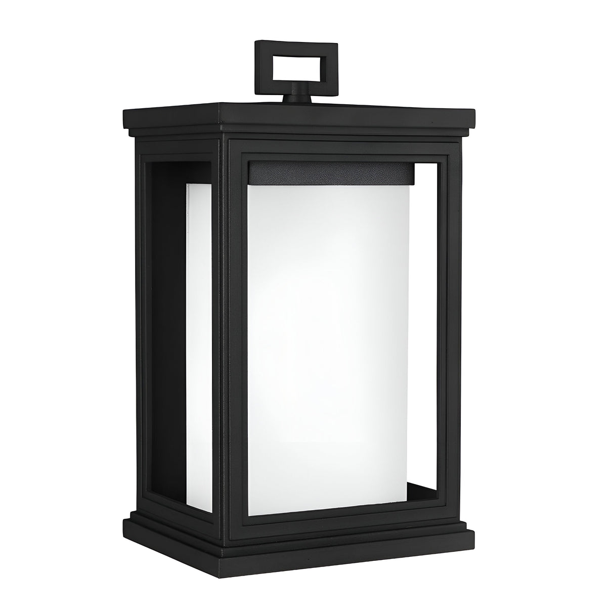 Introducing the Roscoe 1 Light Outdoor Medium Wall Lantern in black: a sleek, modern rectangular metal lantern designed for weather resistance, featuring a matte black finish and white frosted glass interior. This lantern showcases an open frame design and is complete with a square handle on top.