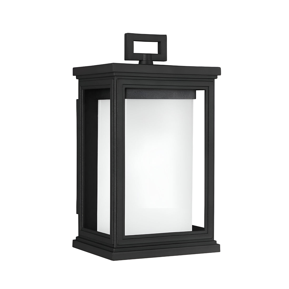 The Roscoe 1 Light Outdoor Small Wall Lantern in black features a rectangular shape with frosted glass panels, offering a modern and minimalist aesthetic along with a handle-like top. Its weather-resistant frame ensures long-lasting durability while exuding contemporary appeal mixed with vintage charm, making it perfect for exterior lighting.