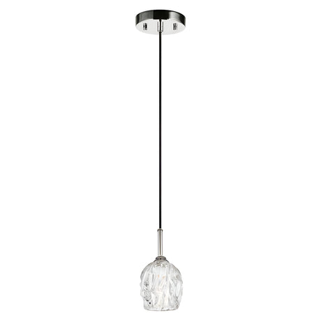 The Rubin 1 Light Mini Pendant features a modern and elegant design with a polished nickel finish base, a sleek black cord, and a clear glass shade, making it perfect for interior lighting.