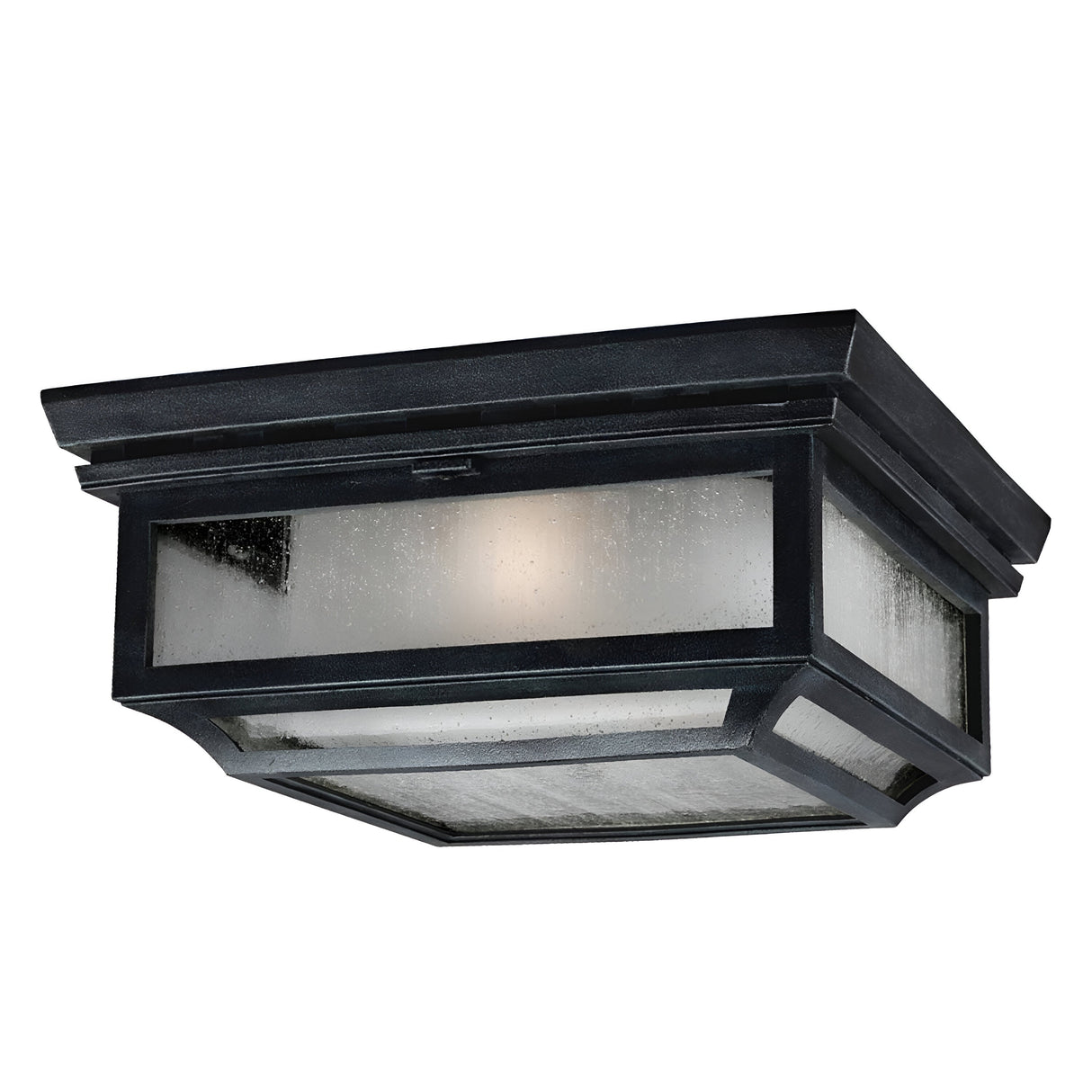 The Shepherd 2 Light Outdoor Flush in Dark Weathered Zinc features a square design with frosted glass panels and a weather-resistant construction. Its sleek and modern aesthetic mounts flush against the ceiling, delivering both style and durability.