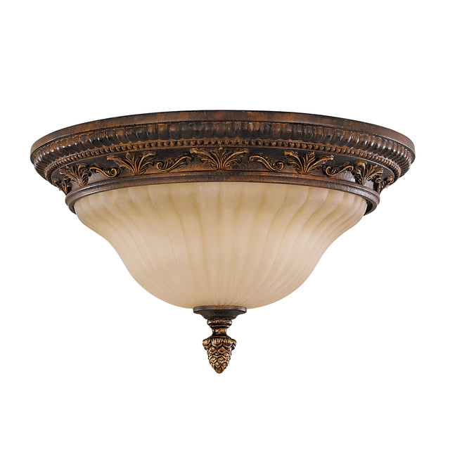The Sonoma Valley 2 Light Flush in Cream/Bronze finish showcases an ornate design with a bronze finish and decorative floral detailing, drawing inspiration from the charm of French Country style. It features a frosted glass bowl that beautifully diffuses light, combining classic and elegant elements suitable for traditional interiors.