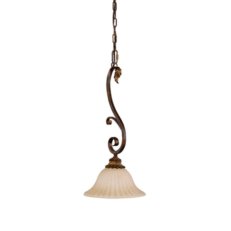 The Sonoma Valley 1 Light Mini Pendant in cream and bronze features a graceful scroll-shaped metal arm and a decorative leaf accent. This fixture captures rustic elegance with its cream-colored, fluted glass shade, all elegantly suspended by a timeless bronze chain.